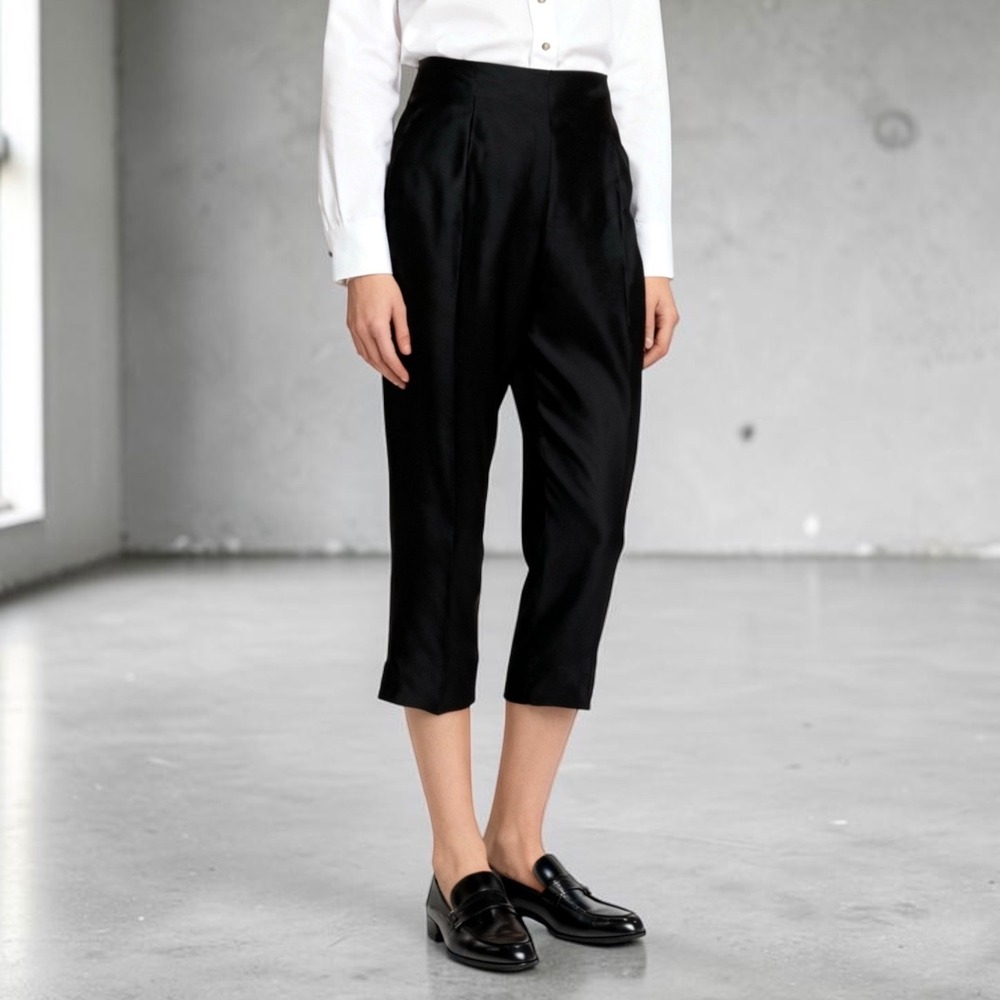 Finity Vintage 100% Silk High Rise Crop Trousers Pants Minimalist Black size 8
